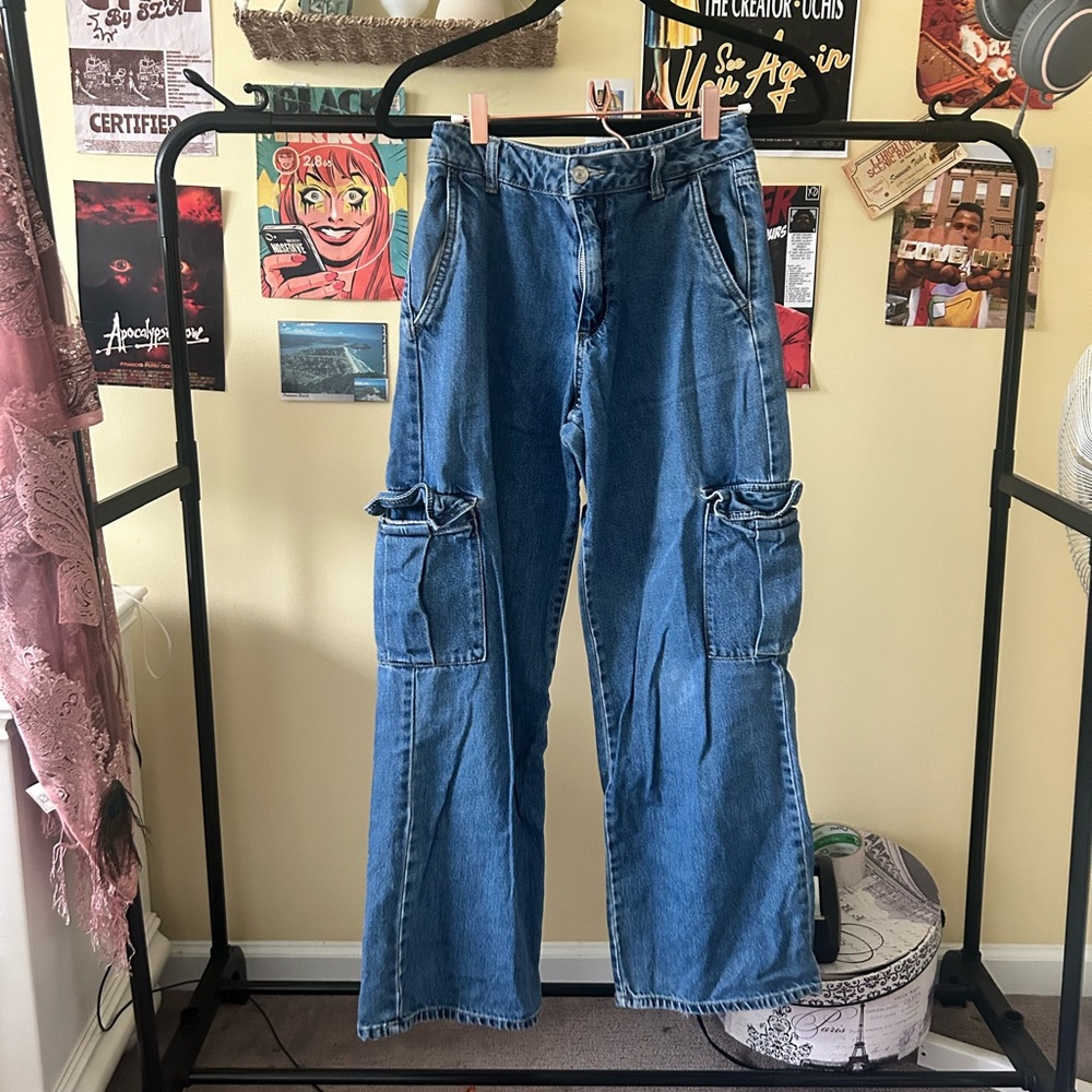 High Rise Blue Cargo Jeans